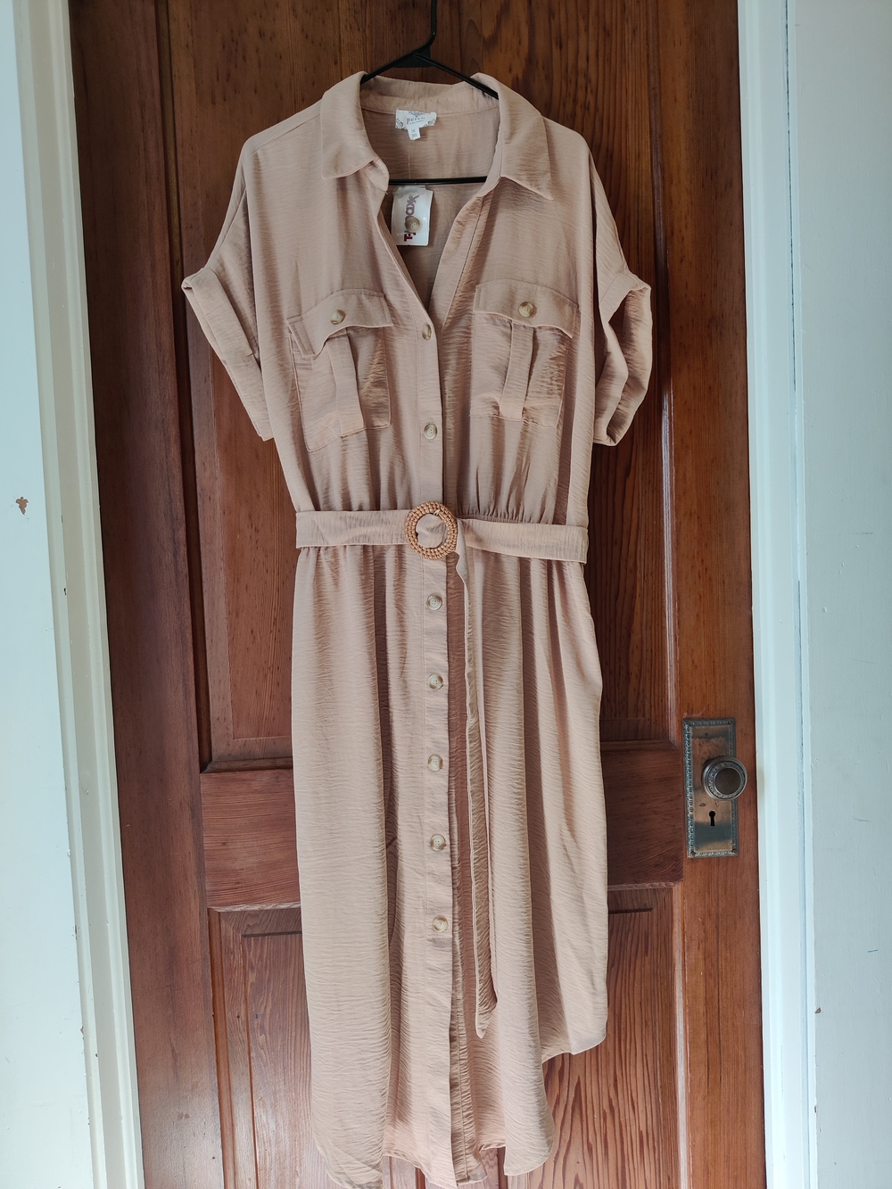 High-Low Beige Shirt Dress with Woven Buckle Belt